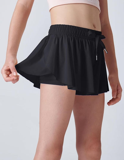 3 Pack Girls Flowy Shorts with Spandex Liner 2-in-1 Youth Butterfly Skirts for Fitness, Running, Sports