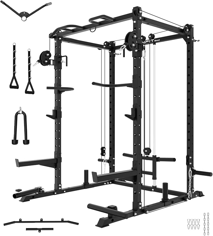 Eonfit E2 Power Cage，1500LB Squat Rack with Cable Crossover System.Multi-Function Power Rack for Home Gum.All-in-One Squat Rack with More Training Attachments