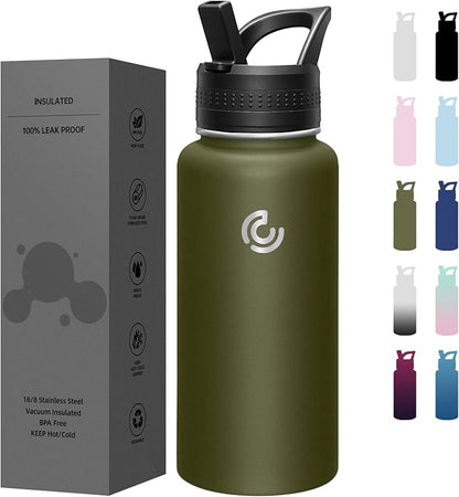COKTIK 32oz Sports Water Bottle, Stainless Steel Water Bottle for Insulated, Reusable Travel Bottle, With Straw, With Handle Grip for Easy Carrying, Suitable for Cycling, Outdoor Vacations(Army Green)