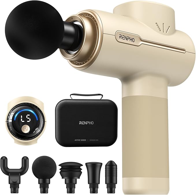 RENPHO Active Massage Gun, Deep Tissue Percussion Massager for Back and Neck, Portable Handheld Massager with 5 Speeds, 5 Attachments, Carry Case, Beige
