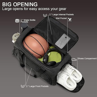 Gym Bag for Men Women, Small Fitness Workout Sports Bag with Wet Pocket & Shoes Compartment, Water Resistant Overnight Weekender Duffel Bag