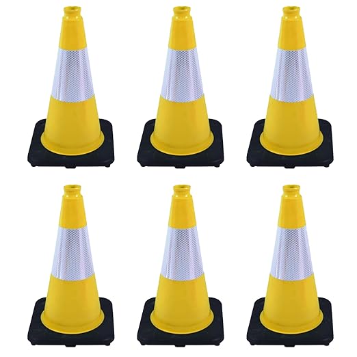 6 Pack 18 Inch Yellow Traffic Cones with Reflective Bands, Durable Black Base Cones for Factory Safety, Loading Zones and Parking Guidance (6, Yellow, 18 Inch)