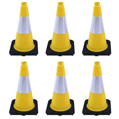 6 Pack 18 Inch Yellow Traffic Cones with Reflective Bands, Durable Black Base Cones for Factory Safety, Loading Zones and Parking Guidance (6, Yellow, 18 Inch)