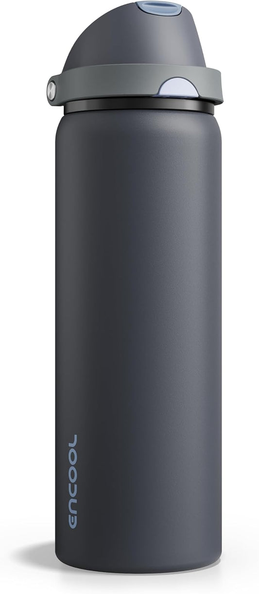 ENCOOL Insulated Water Bottle with Straw Stainless Steel Water Bottle with Push Button Lid, Leak-Proof & BPA-Free, Keeps Cold for 24 Hours for Sports, Travel, Gym (32 oz, Tuna Grey-Silver)