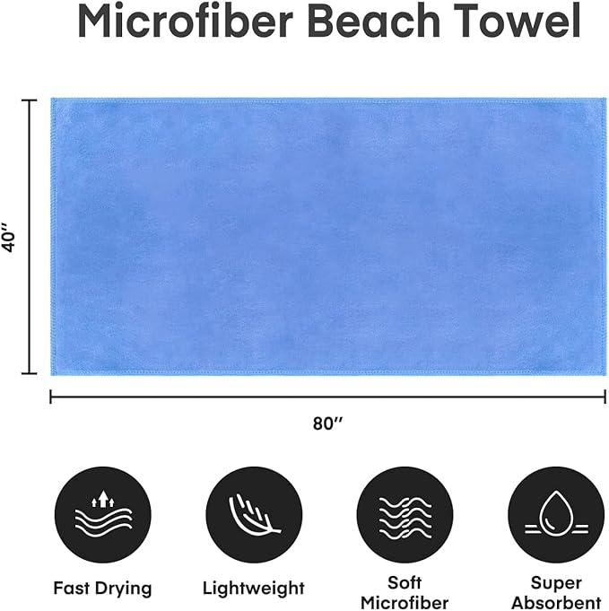 JML Bath Sheet Towels Pack of 2, 40" x 80", Extra Large Microfiber Towel Set for Adult, Soft Super Absorbent Fast Drying for Sauna Hotel Beach Sports Fitness Yoga, Blue