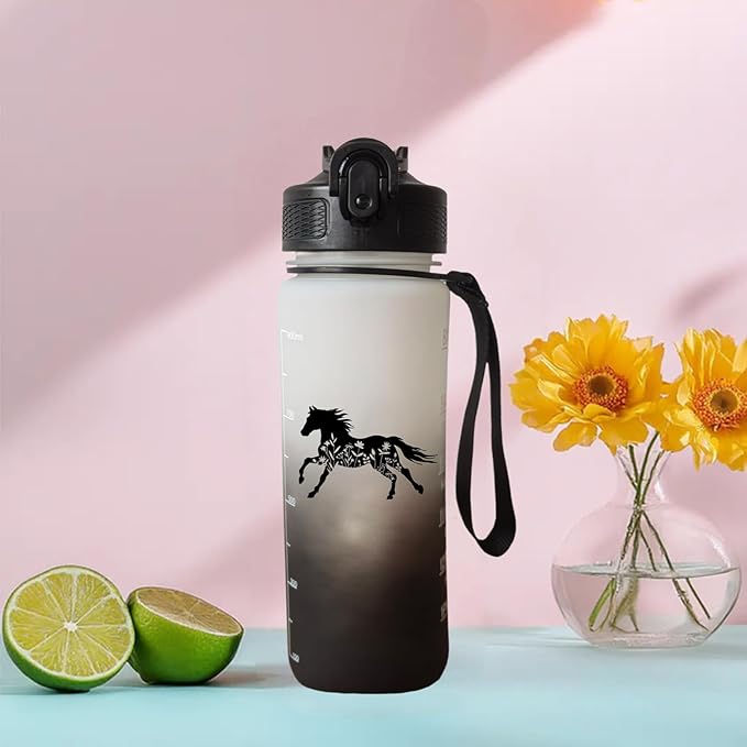 Floral and Horse 32 oz Water Bottle with Times Marker to Drink and Straw, Carrying Strap, Leakproof BPA-Free, Ensure You Drink Enough Water for Fitness, Gym, Camping, Outdoor Sports