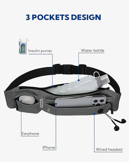 WATERFLY Running Belt Fanny Pack: Runner Marathon Jogging Waist Pack Sport Workout Exercise Fitness Phone Holder Belt for Men Women Jogger Slim Waistband Black