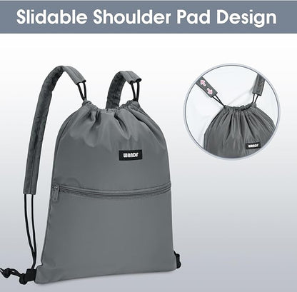 WANDF Drawstring Backpack Sports Gym Bag with Shoulder Pads Water Resistant String Bag Cinch Bag for Women Men (Grey)