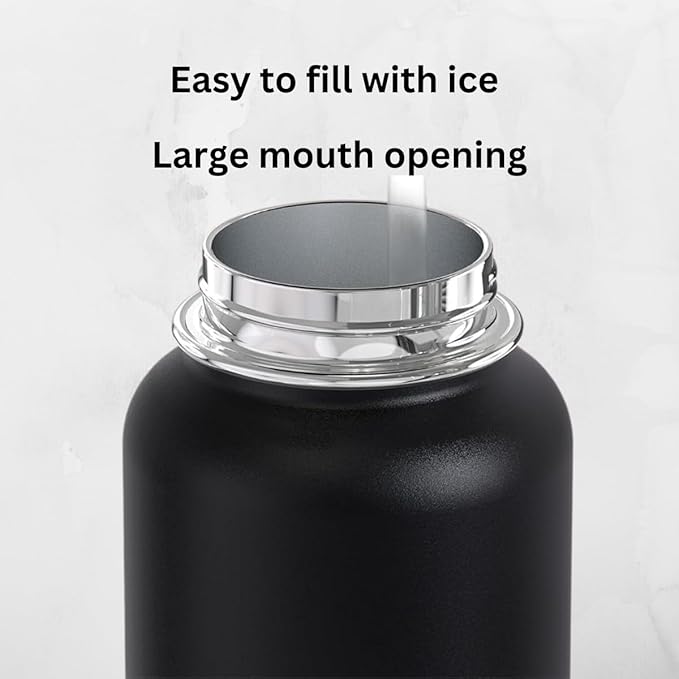 core - Sports Water Bottle - Gym & Outdoor Bottles, Double Wall, 40 oz, Black - Vacuum Insulated Stainless Steel - With 3 Lids, Straw, Spout and Handle Lid.