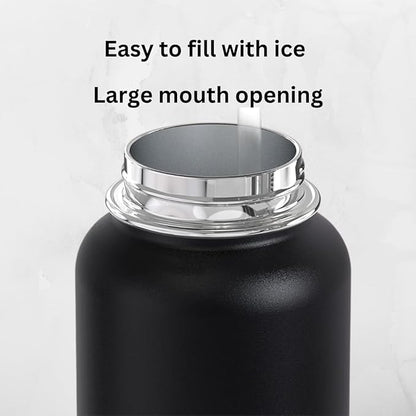 core - Sports Water Bottle - Gym & Outdoor Bottles, Double Wall, 40 oz, Black - Vacuum Insulated Stainless Steel - With 3 Lids, Straw, Spout and Handle Lid.