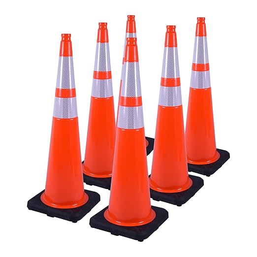 6 Pack 36 Inch Orange PVC Traffic Cones with Black Base, Stable Large Size Safety Cones for Highway, Construction, and Outdoor Use (6, Orange, 36 Inch)