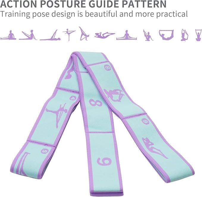Elastic Yoga Stretching Strap with 9 Loops Pattern Guide, Stretch Straps for Pilates, Dance, Gymnastics Physical Therapy, Multi-Loop Adjustable Exercise Bands