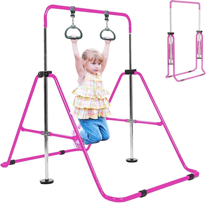 Amrta Foldable Gymnastics Bar with Rings, Adjustable Collapsible Horizontal Training Equipment Set for Indoor Outdoor Home Use Gym Gift in Pink Purple Blue