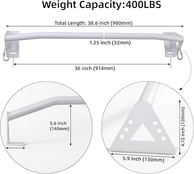 Wall Mounted Pull Up Bar Doorway, Heavy Duty Strength Training Pull-Up & Chin Up Bars for Doorframe, Support Beam or Joist Mount Thick Metal Sturdy Construction Support 500 lbs