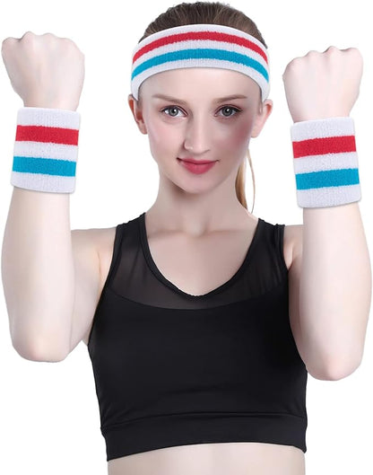 ONUPGO Sweatband Set Sports Headband Wristband Set Sweatbands Terry Cloth Wristband Wrist Sweatband Headbands Moisture Wicking Sweat Absorbing Head Band