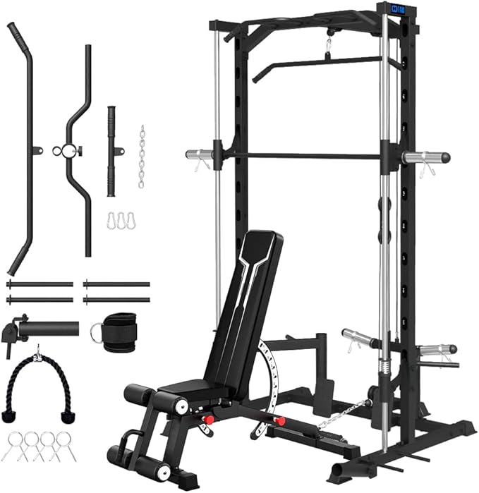 FAGUS Smith Machine Home Gym Power Cage with Pulley System, Space Saving Design Squat Rack with Full Body Strength Training Attachments, PEC Station & Fixed Cable Crossover Optional