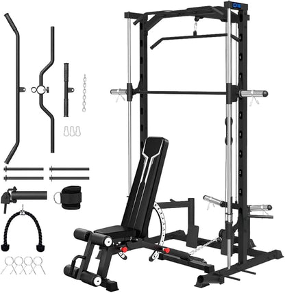FAGUS Smith Machine Home Gym Power Cage with Pulley System, Space Saving Design Squat Rack with Full Body Strength Training Attachments, PEC Station & Fixed Cable Crossover Optional