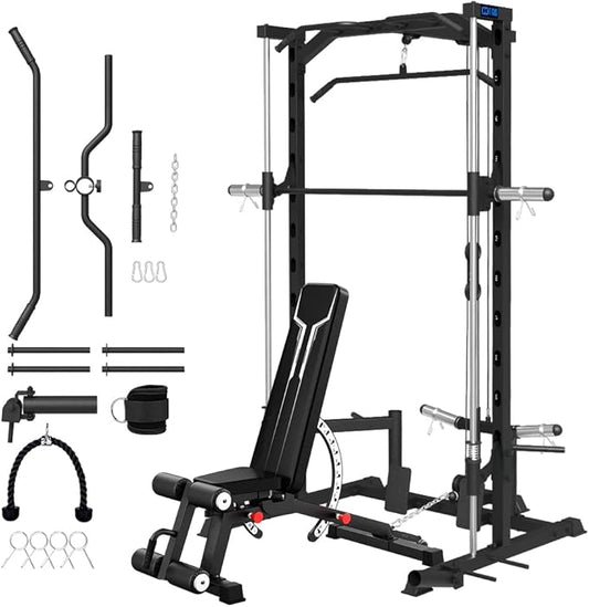 FAGUS Smith Machine Home Gym Power Cage with Pulley System, Space Saving Design Squat Rack with Full Body Strength Training Attachments, PEC Station & Fixed Cable Crossover Optional