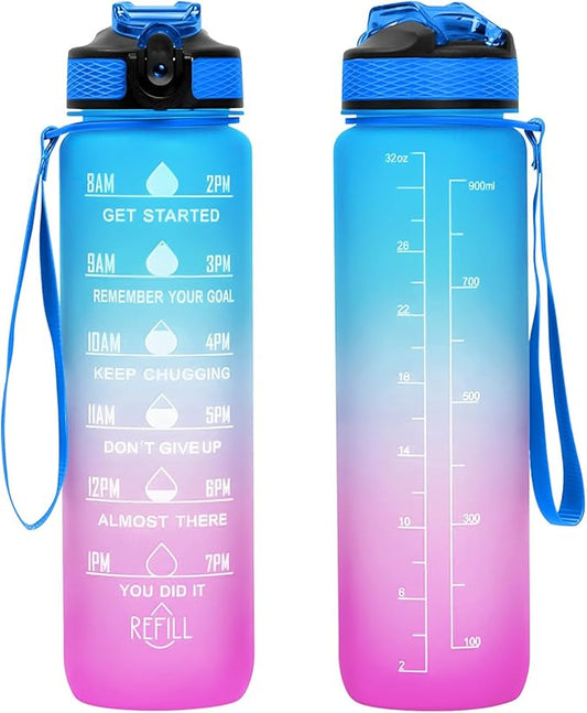 32 oz Water Bottles with Times to Drink and Straw, Motivational Water Bottle with Time Marker, Leakproof & BPA Free, Drinking Sports Water Bottle WIth Hand Strap for Fitness, Gym & Outdoor (blue-1)