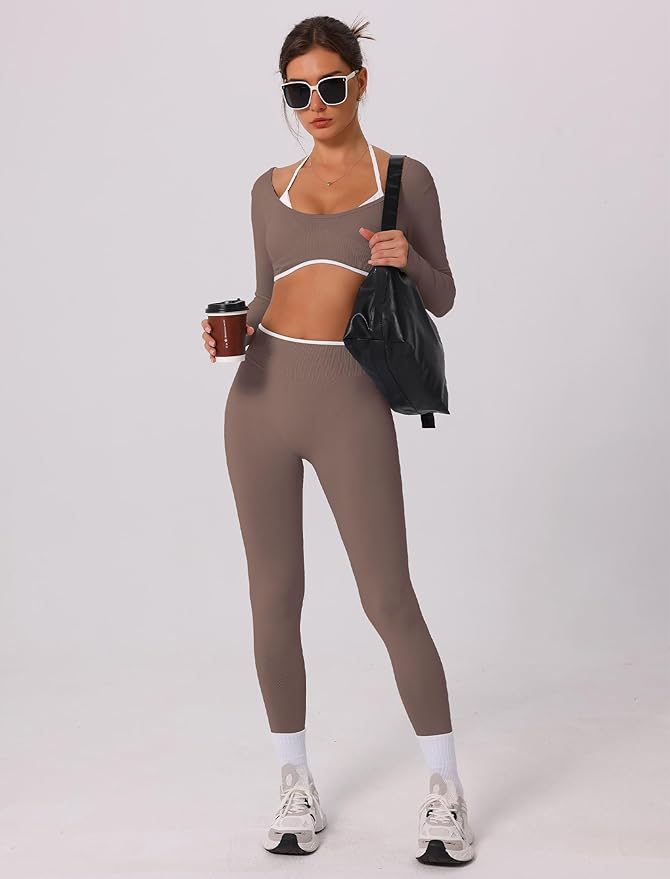 ABOCIW Workout Sets for Women Long Sleeve Crop Top Scrunch Butt Lifting High Waist Leggings 2 Piece Gym Yoga Outfits