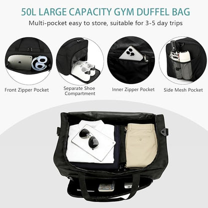 Urbanstand Gym Bag for Men - 50L Black Large Duffel Bag with Shoe Compartment, Weekender Carry On Duffle Bag for Travel, Sports, Fitness & Workout