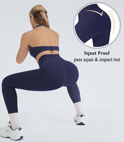 OMKAGI 2 Piece Workout Sets for Women Halter Sports Bras Gym Sets Booty Leggings Outfits