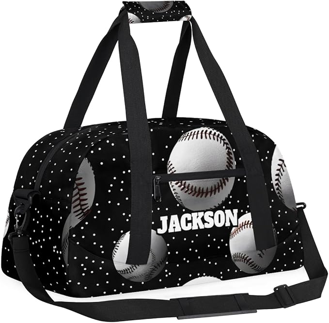 Personalized Baseball Gym Duffel Bags for Kids Boys with Custom Name Sport Training Travel Bags for Overnight Weekender, Black White
