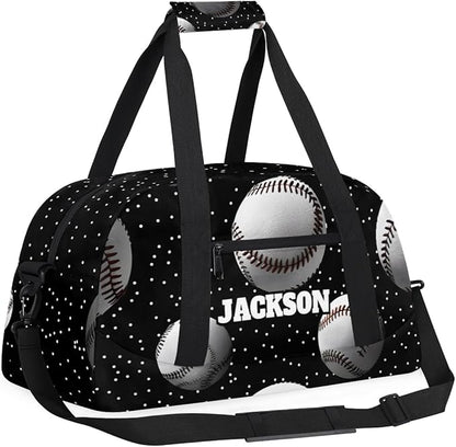 Personalized Baseball Gym Duffel Bags for Kids Boys with Custom Name Sport Training Travel Bags for Overnight Weekender, Black White