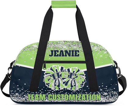 Personalized Cheer Gym Bags for Girls Kids Cheerleaders with Custom Name Sport Dance Perform Training Duffel Bags for Overnight Weekender Travel Green Blue