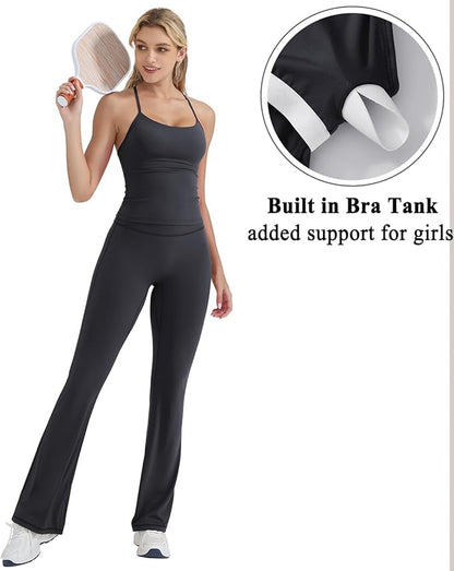 OMKAGI 2 Piece Workout Sets for Women Padded Tank Tops Flare Leggings Pilates Outfits
