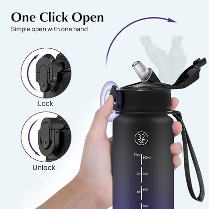 EYQ 32 oz Water Bottle with Time Marker, Carry Strap, Leak-Proof Tritan BPA-Free, Ensure You Drink Enough Water for Fitness, Gym, Camping, Outdoor Sports