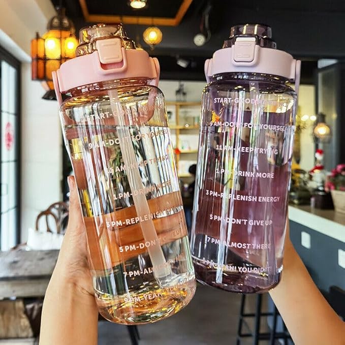Large Capacity 2L Sports Water Bottle with Straw, Portable and Leakproof, Featuring Time Marker-Pe