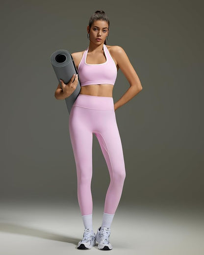 OMKAGI 2 Piece Workout Sets for Women Halter Sports Bras Gym Sets Booty Leggings Outfits