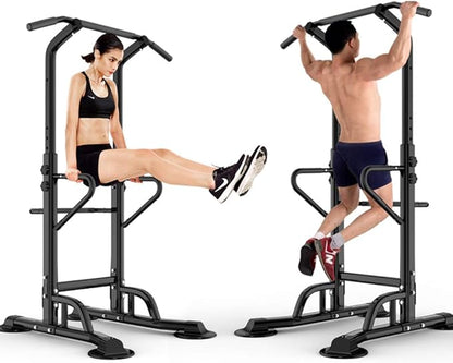 Dland Power Tower Adjustable Height Pull Up and Dip Station Multi-Function Home Strength Training Fitness Workout Station Sturdy Chin-Up Bar Stand Dip Station,Black
