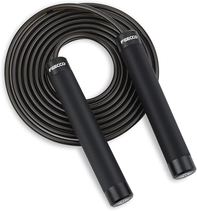 FEECCO 1/2 lb Weighted Jump Rope for Boxing, Cardio, Crossfit Workout, 8~11ft Range Adjustable Length Steel Ropes with Ball Bearings and Metal Handles, Suitable for Men and Women