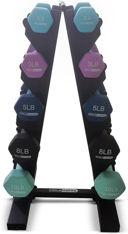 HolaHatha 2, 3, 5, 8, and 10 Pound Neoprene Dumbbell Free Hand Weight Set with Rack, Ideal for Home Exercises to Gain Tone and Definition, Pastel
