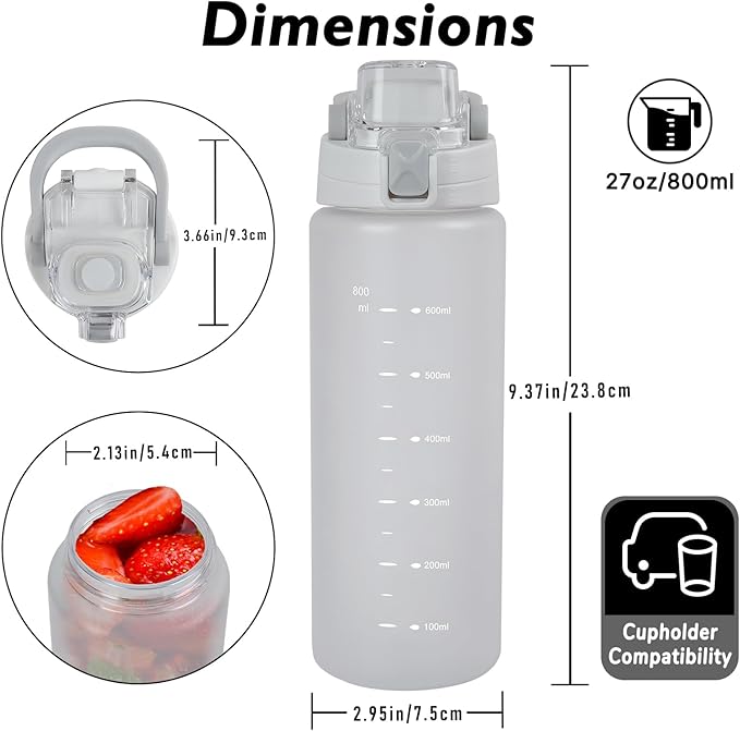 27oz Sports Water Bottle with Removable Filter, Motivational Water Bottle with Capacity Marker, Leakproof Drinking Water Bottle with Handle for Travel Fitness Gym Outdoor (White)
