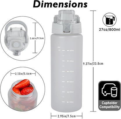 27oz Sports Water Bottle with Removable Filter, Motivational Water Bottle with Capacity Marker, Leakproof Drinking Water Bottle with Handle for Travel Fitness Gym Outdoor (White)