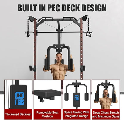 FAGUS Smith Machine Home Gym Power Cage with Pulley System, Space Saving Design Squat Rack with Full Body Strength Training Attachments, PEC Station & Fixed Cable Crossover Optional