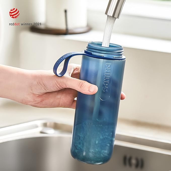 Philips Water GoZero Active BPA-Free Water Bottle with Fitness Tap Water Filter, Sport Squeeze Water Bottle, Lightweight, 24 oz with Fitness Filter, Blue
