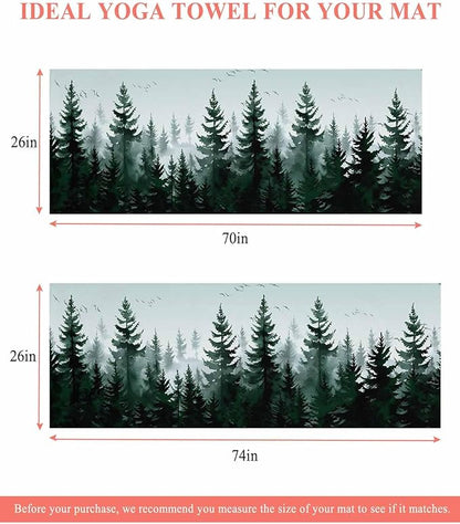 Pine Tree Forest Yoga Mat Towel with Corner Pockets for Hot Yoga Non Slip,Absorbent Yoga Blankets Microfiber Soft Gym Sweat Working Out Fitness Pilates Towels 74"x26" Green Landscape Nature Decor