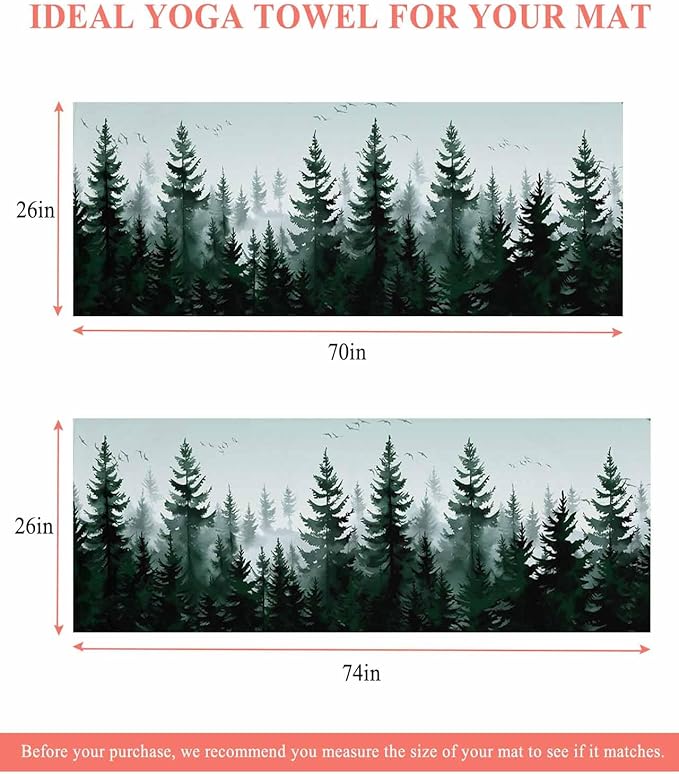 Pine Tree Forest Yoga Mat Towel with Corner Pockets for Hot Yoga Non Slip,Absorbent Yoga Blankets Microfiber Soft Gym Sweat Working Out Fitness Pilates Towels 70"x26" Green Landscape Nature Decor