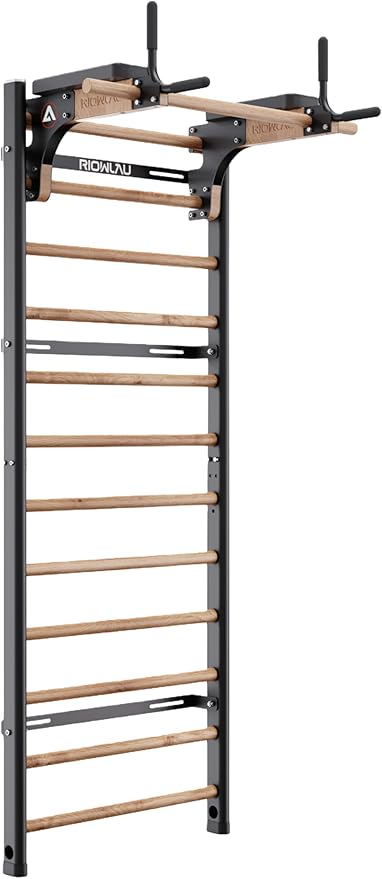 Swedish Ladder Pro, Wood Stall Bar with Push-Through Bar, Adjustable Pull-Up Dip Bar for Adults and Kids, Accessories Bundle, Spring, for Home, School, Physical Therapy and Gymnastics