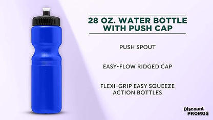 DISCOUNT PROMOS 28 oz. Push Cap Plastic Water Bottles Set of 6, Bulk Pack - Perfect for Gym, Hiking, Camping, Outdoor Sports - Reflex Blue