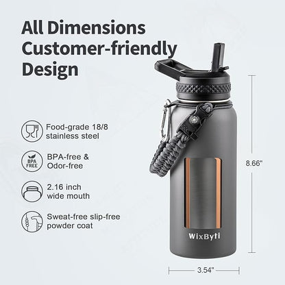 32 oz Insulated Water Bottle with Straw, Stainless Steel Triple Wall Vacuum Sports Water Jug, Leakproof Hydro Cup Flask with Paracord Handle & Straw Spout Lids & DIY Stickers
