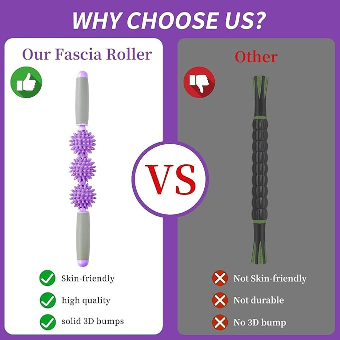 Fascia Muscle Roller, Cellulite Massager for Sore Muscles, Neck, Leg, Back, Pressure Trigger Point Body Deep Tissue Massage Stick Tools, 3 Massage Balls, Purple