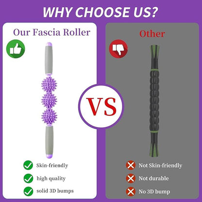 Fascia Muscle Roller, Cellulite Massager for Sore Muscles, Neck, Leg, Back, Pressure Trigger Point Body Deep Tissue Massage Stick Tools, 3 Massage Balls, Purple