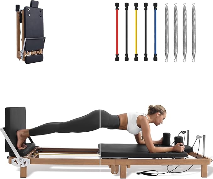 Foldable Pilates Reformer & Pilates Square Box Set–90% Pre-Assembled Home Gym Women Men Workouts Bundle, Dual Resistance System (Springs + Latex), Jumpboard & Adjustable Foot Bar for All Levels