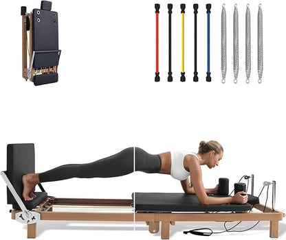 Foldable Pilates Reformer & Pilates Square Box Set–90% Pre-Assembled Home Gym Women Men Workouts Bundle, Dual Resistance System (Springs + Latex), Jumpboard & Adjustable Foot Bar for All Levels