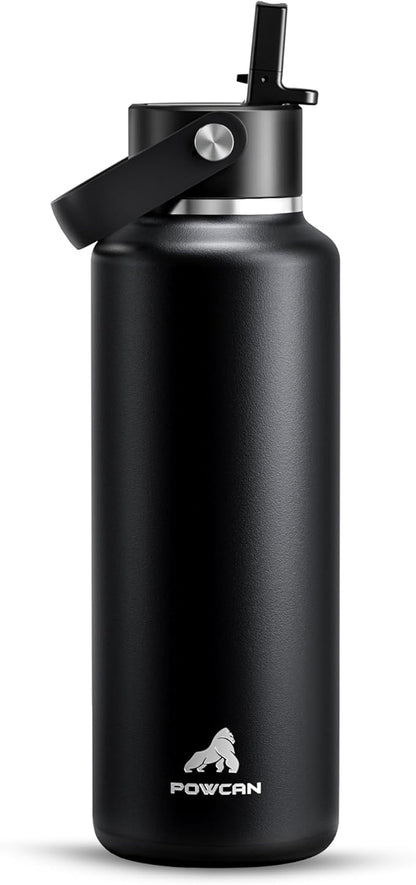 POWCAN 18oz Stainless Steel Slim Water Bottle: Sweatproof, Flex Cap, Lightweight, Standard Mouth, Top Handle, Vacuum Insulated Flask with straw for Office, Adults, Commute, Workouts (Midnight Black)